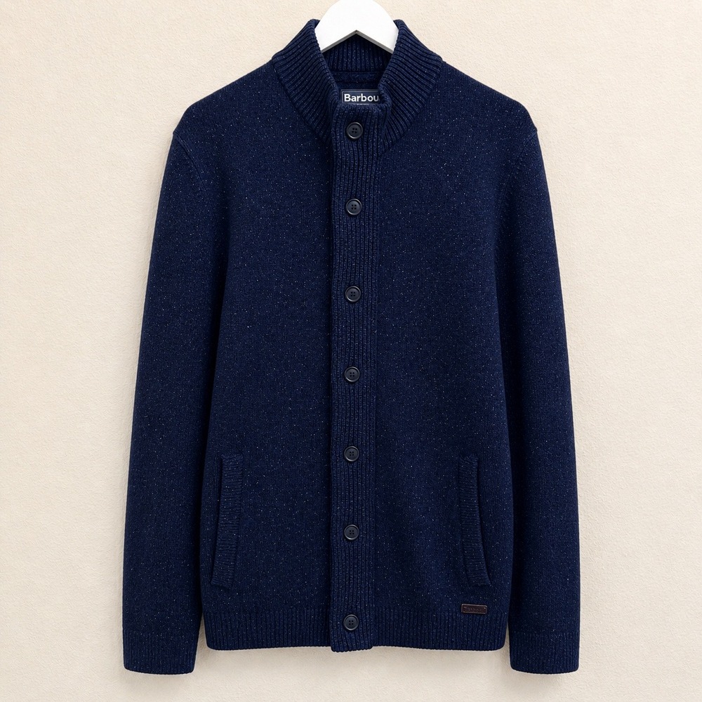 Barbour Tisbury Zip Through Sweater Men Large Wool Silk Blend Cardigan Navy Blue